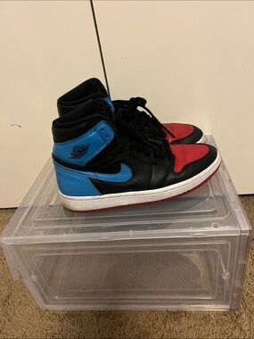 Jordan 1s High-Top Sneakers in Black, Red & Blue
